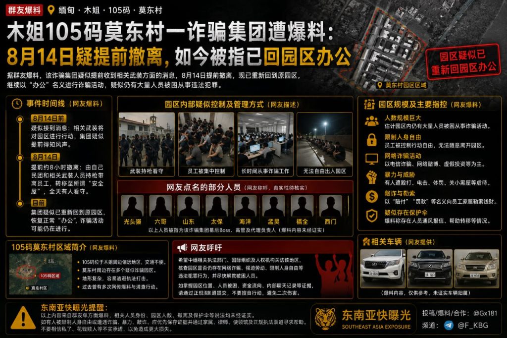 缅甸资讯｜木姐105码莫东村一诈骗集团遭爆料，被指提前撤离后又返回园区