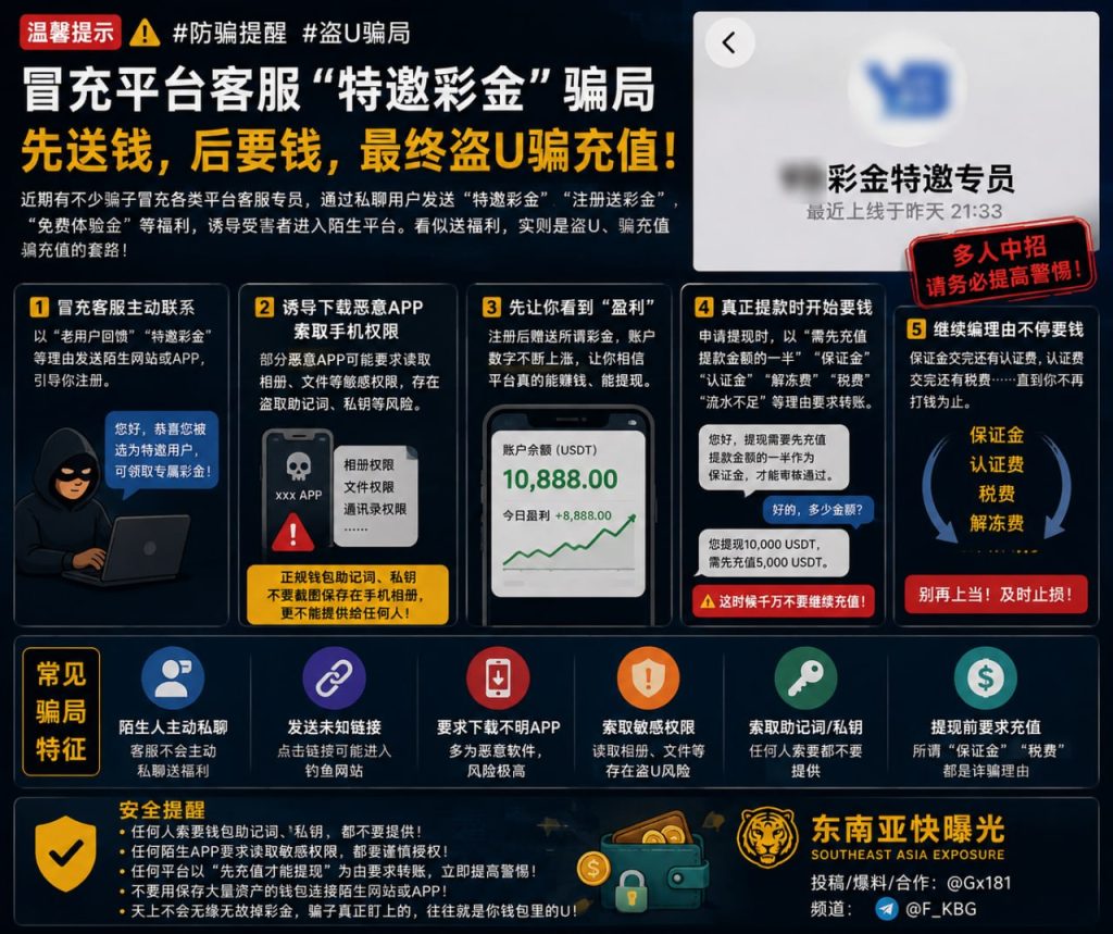 东南亚｜骗子冒充客服送特邀彩金 实施盗U骗充值诈骗提醒