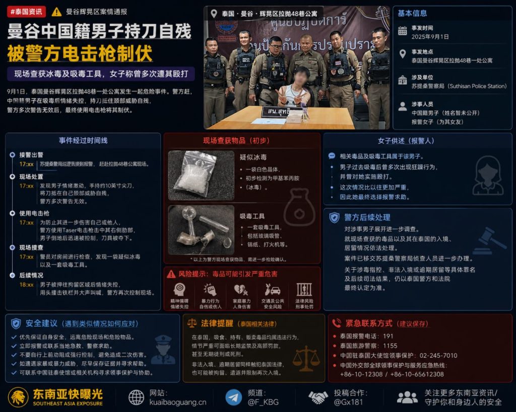 泰国资讯｜曼谷辉晃区中国籍男子持刀自残被电击枪制伏，现场查获冰毒