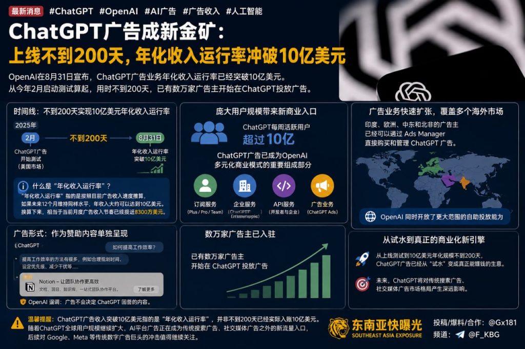 海外资讯｜OpenAI宣布ChatGPT广告业务年化收入运行率突破10亿美元