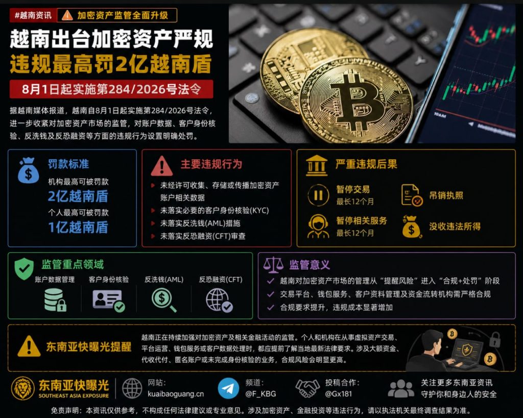 越南｜加密资产监管新规生效 机构违规最高罚2亿越南盾