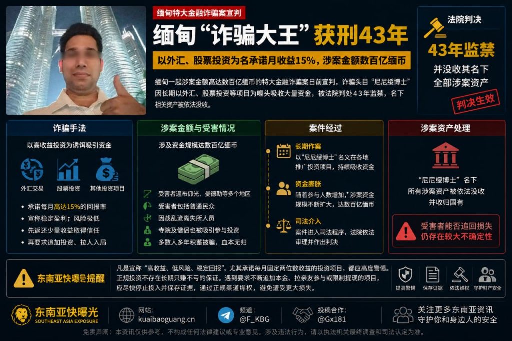缅甸资讯｜仰光等地数百亿缅币金融诈骗案宣判，头目获刑43年