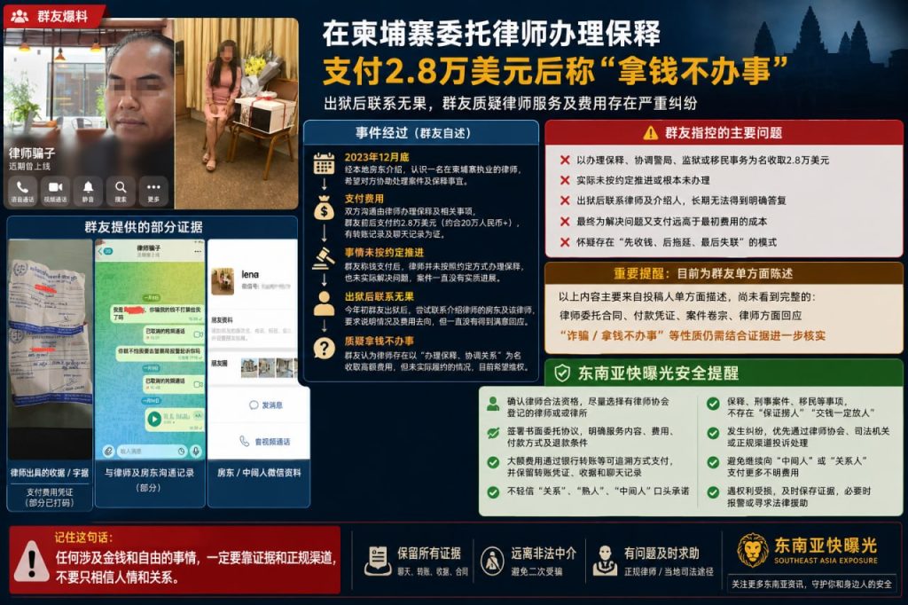 柬埔寨｜华人付2.8万美元律师费保释未果，引发律师费用纠纷
