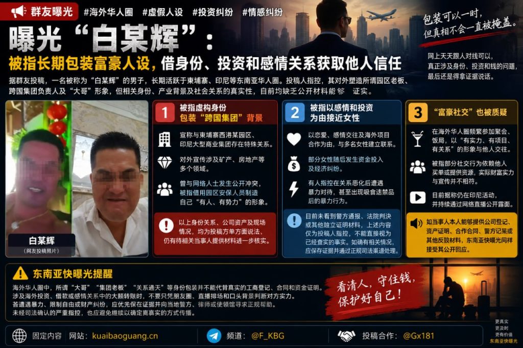 柬埔寨印尼资讯｜群友曝光男子白某辉：被指长期包装富豪人设并涉嫌多起纠纷