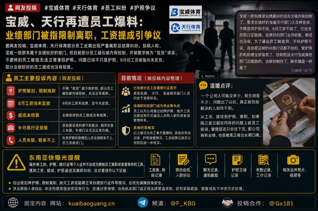 海外资讯｜宝威体育与天行体育陷入员工离职纠纷，护照与工资问题遭曝光