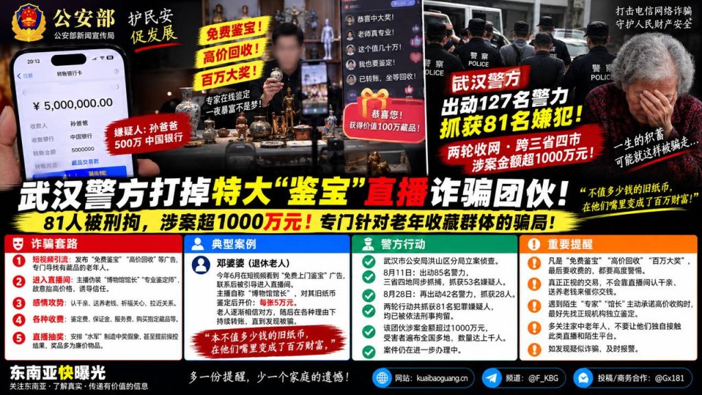 国内资讯｜武汉警方打掉特大鉴宝直播诈骗团伙，81人被刑事拘留