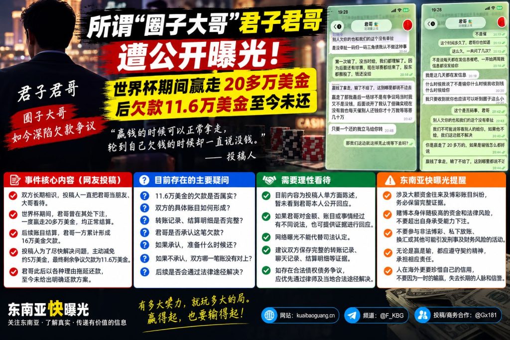 东南亚资讯｜网传圈内人士君子君哥涉债务纠纷，被指拖欠巨额款项未还
