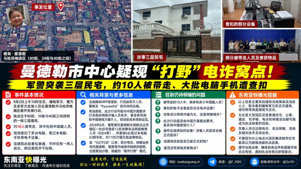 缅甸资讯｜曼德勒市中心军警突袭民宅，搜出电脑手机并带走约十人