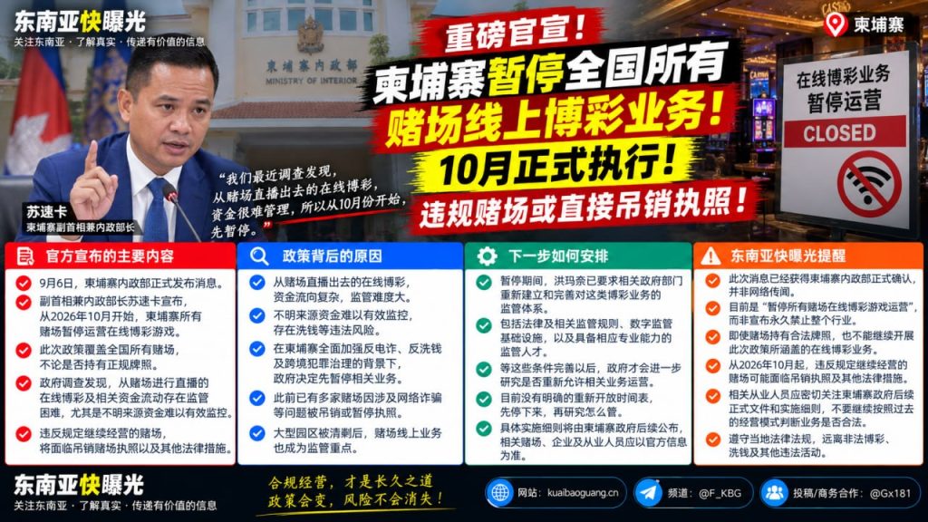 柬埔寨资讯｜柬埔寨暂停所有赌场线上博彩业务，10月起全面执行