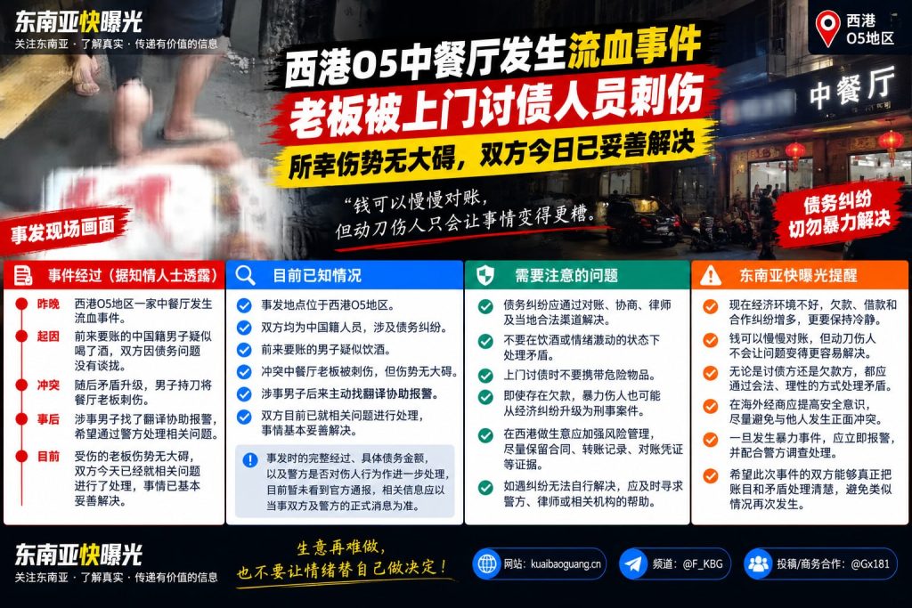 柬埔寨｜西港O5中餐厅债务纠纷致老板受伤事件，双方已达成和解
