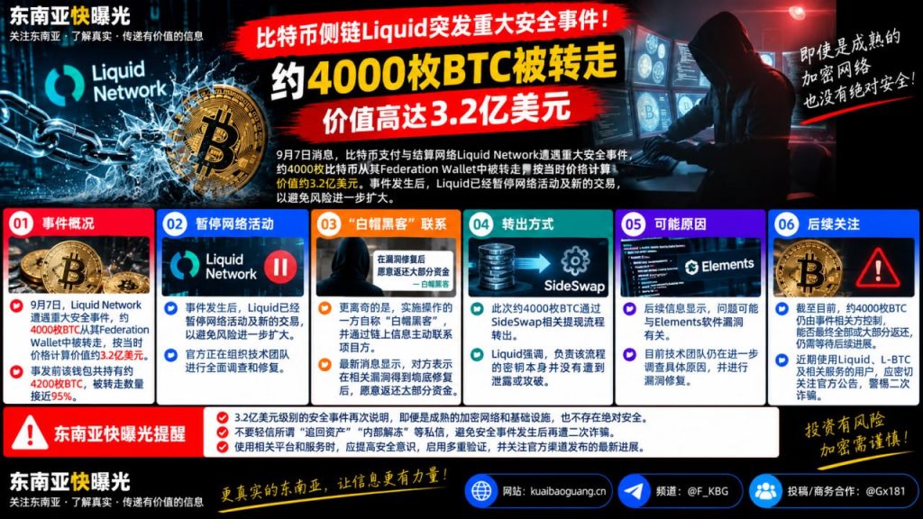 币圈资讯｜比特币侧链Liquid突发重大安全事件，约四千枚BTC被转走