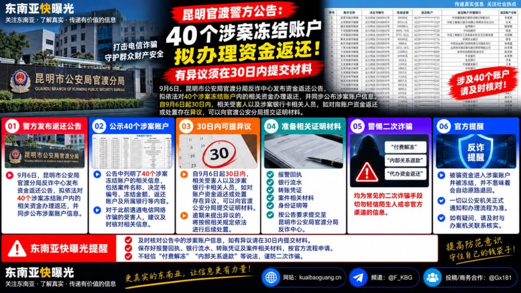 国内资讯｜昆明官渡警方发布公告，拟对40个涉案冻结账户办理资金返还