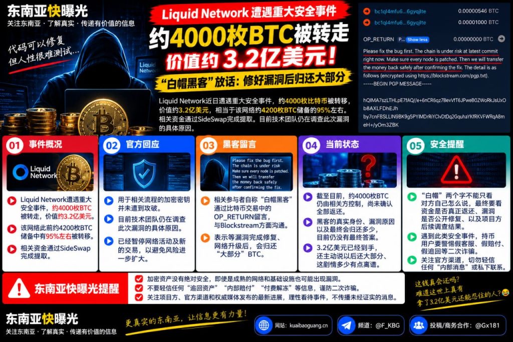 全球｜Liquid Network 黑客事件导致约4000枚比特币被转走，价值约3.2亿美元
