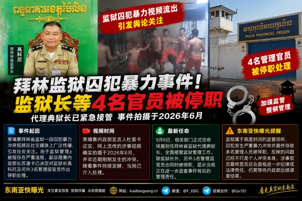柬埔寨｜拜林监狱囚犯暴力冲突视频流出导致官员停职