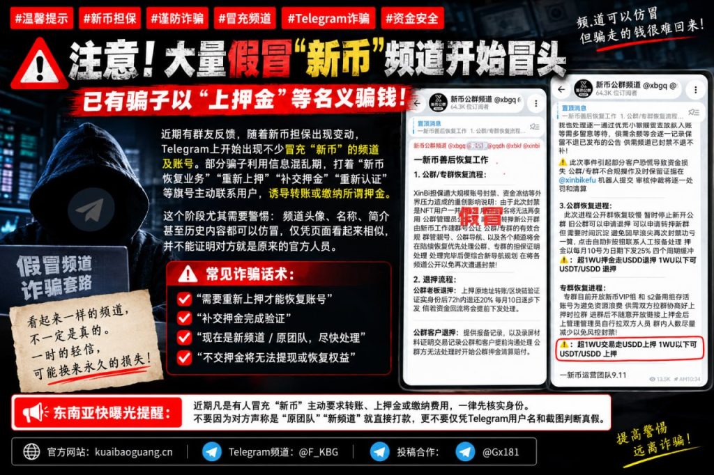 东南亚地区｜假冒新币频道诈骗频发，用户被诱导缴纳押金