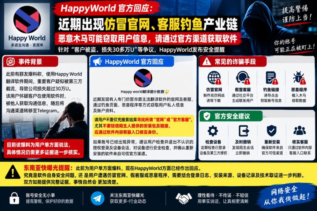东南亚资讯｜HappyWorld回应客户盗号争议，指近期存在钓鱼诈骗