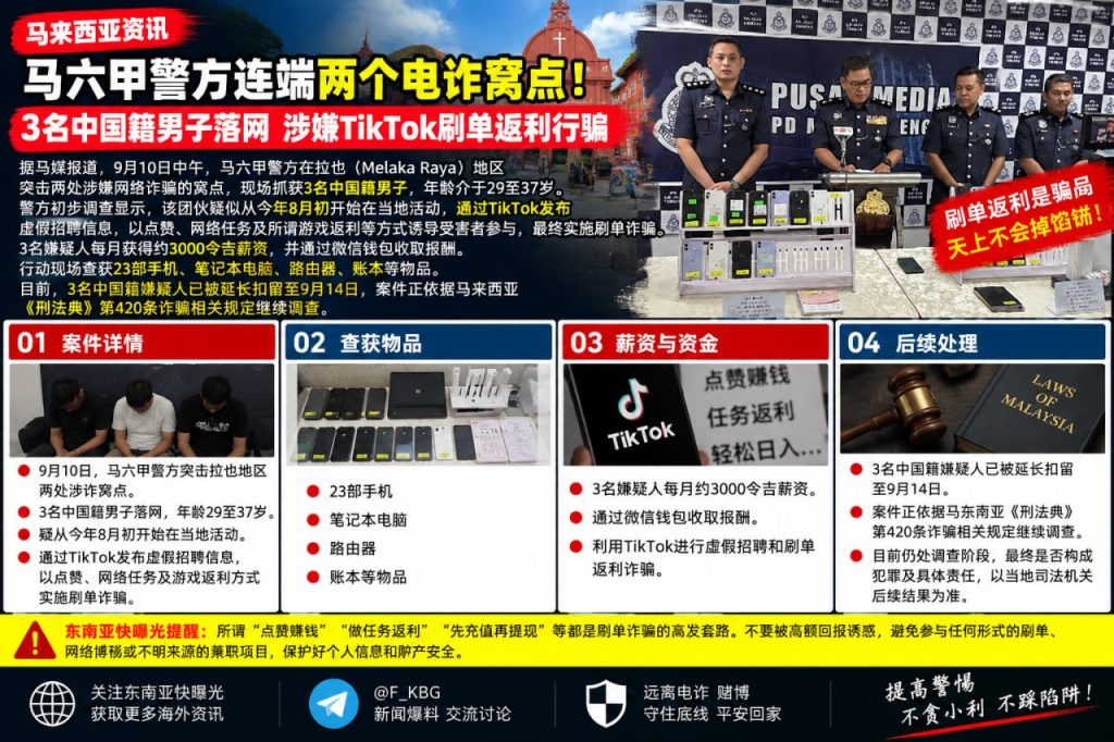 马来西亚资讯｜马六甲警方连端两个电诈窝点，3名中国籍男子落网