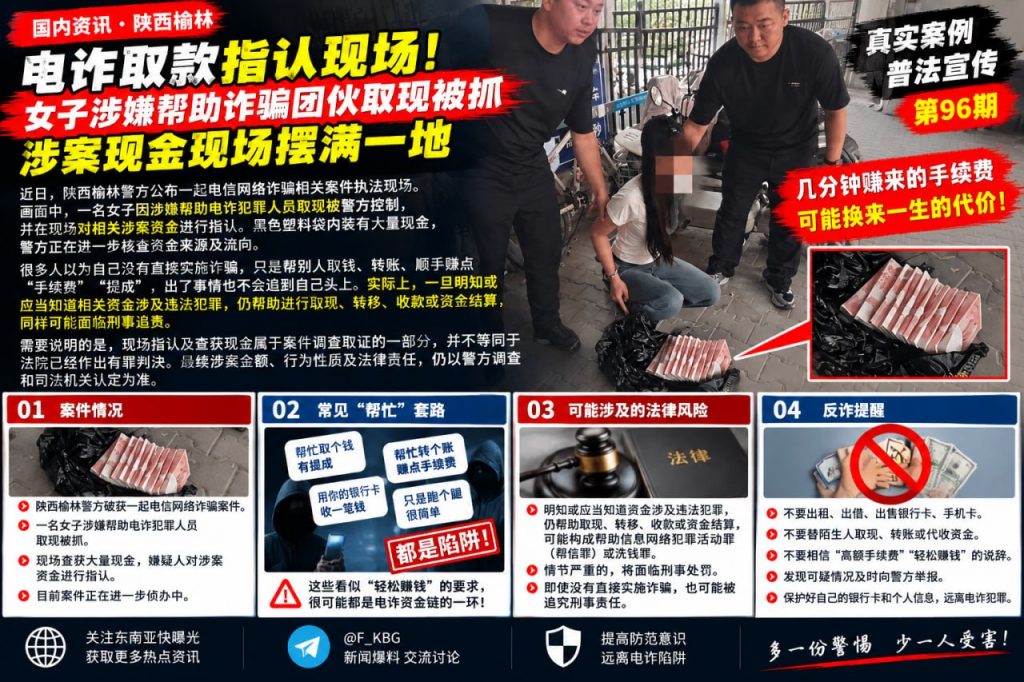 中国陕西榆林｜女子协助电信诈骗取现被捕现场指认并查获巨额现金