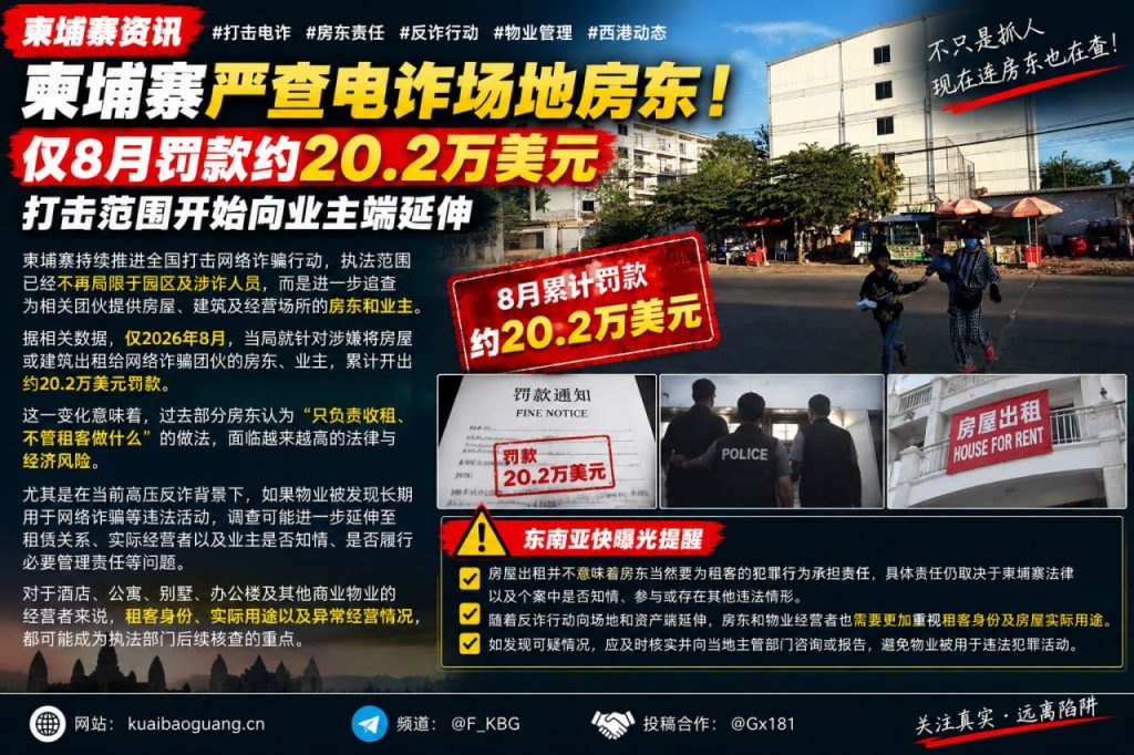柬埔寨｜严查电诈场所房东，8月罚款约20.2万美元