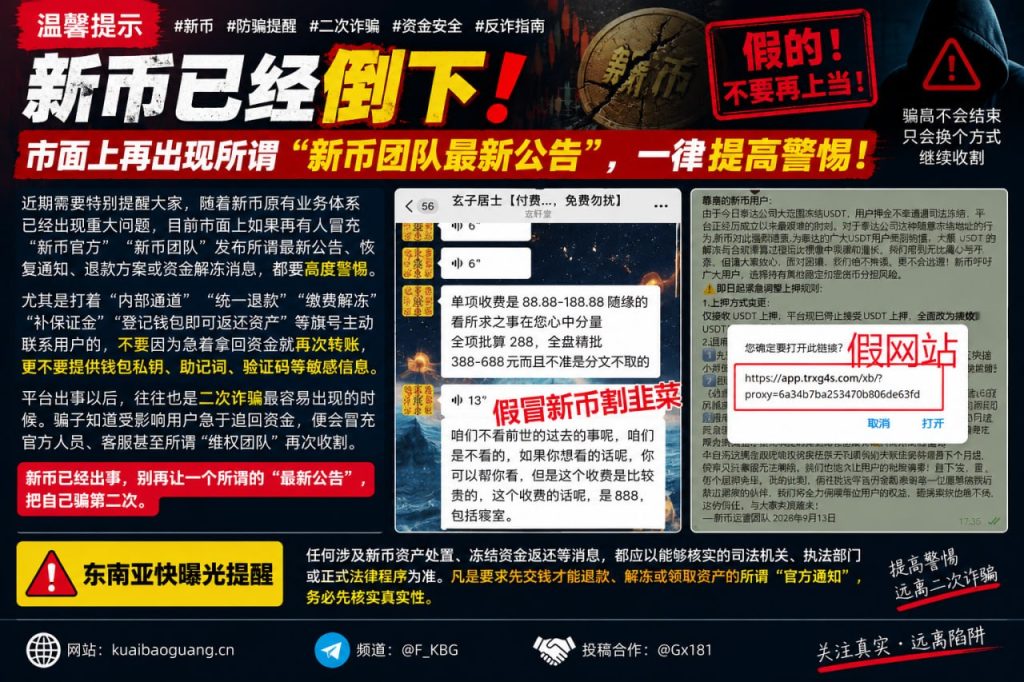 东南亚地区｜新币倒闭后冒充官方发布诈骗公告提醒用户警惕