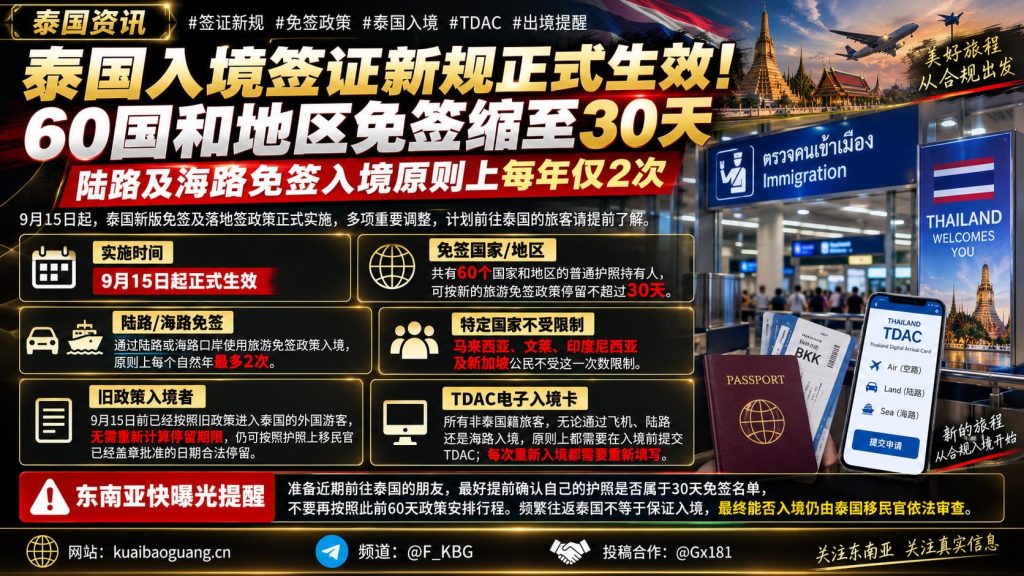 泰国｜新版免签政策30天停留并限制年内陆海路入境次数，旅行者须提前核查