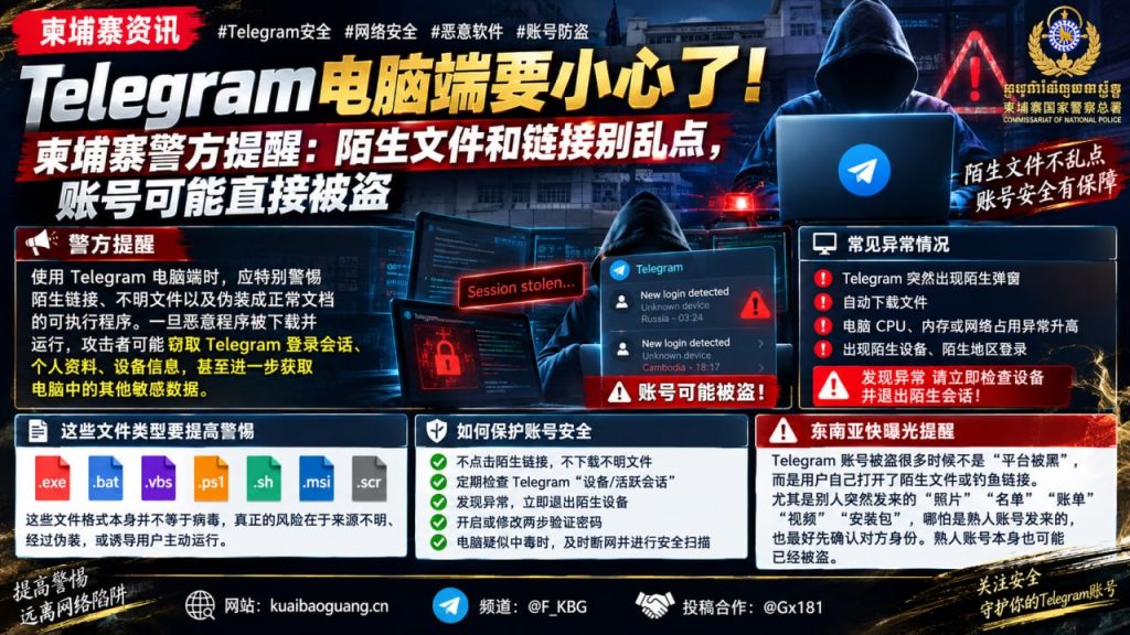 柬埔寨｜警方提醒Telegram电脑端勿点陌生文件防账号被盗