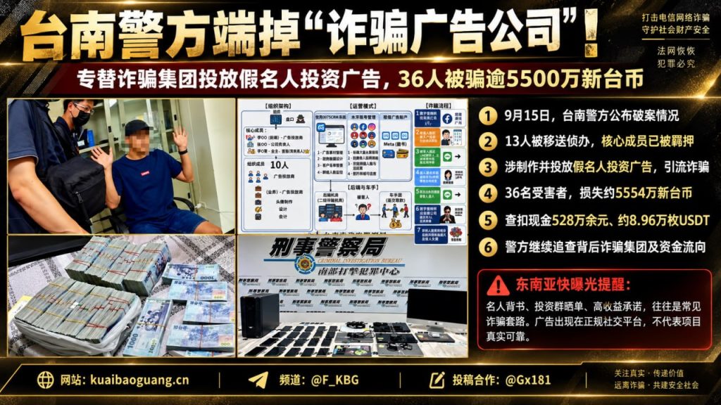 台湾资讯｜台南警方破获假投资广告公司 36人受骗金额超5500万台币