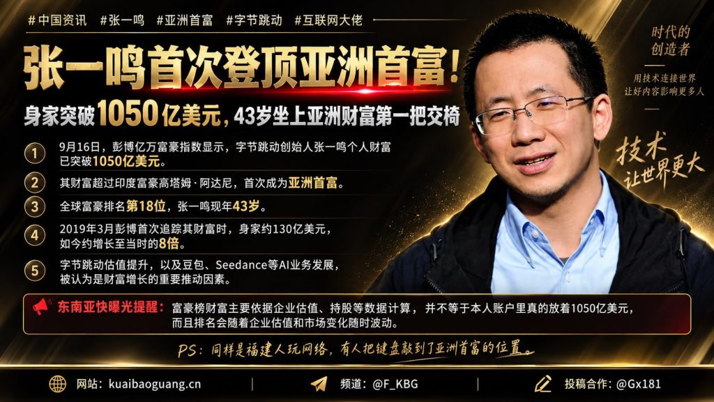 中国｜张一鸣亚洲首富登顶，财富突破1050亿美元