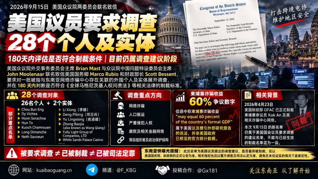 柬埔寨资讯｜美议员致函要求调查28名涉诈人员及实体
