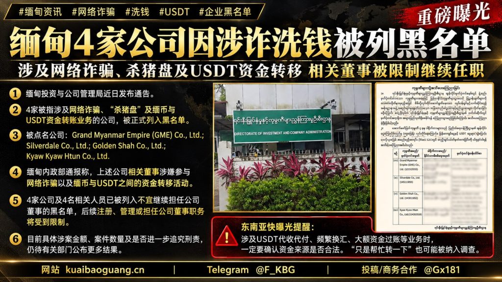 缅甸资讯｜四家涉嫌网诈及洗钱公司被列入黑名单，相关董事受限