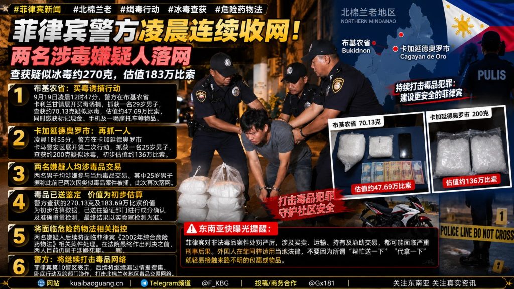 菲律宾北棉兰老｜警方凌晨连续收网，两名嫌疑人落网查获270克疑似冰毒