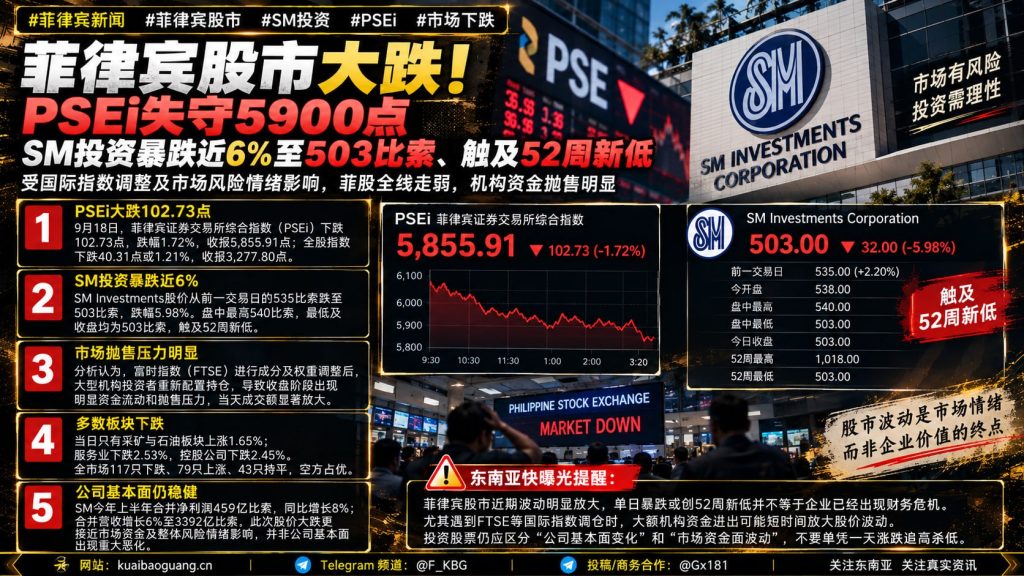 菲律宾｜菲律宾股市大跌，PSEi失守5900点，SM Investments暴跌近6%