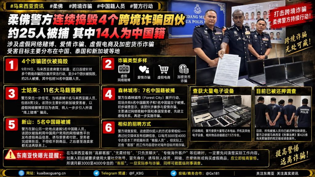马来西亚资讯｜柔佛警方连捣4个跨境诈骗团伙，多名中国籍人员被捕