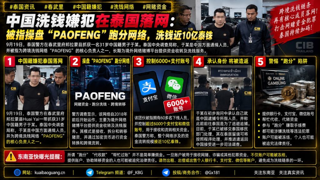 泰国资讯｜中国籍嫌犯在春武里落网，涉嫌操盘跑分网络洗钱近10亿泰铢