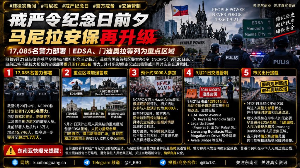 菲律宾资讯｜马尼拉戒严纪念日安保升级，警力增至超1.7万人并实施交通管制