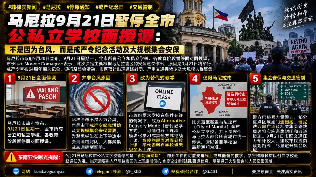 菲律宾资讯｜马尼拉9月21日暂停全市公私立学校面授课，应对戒严纪念日集会安保
