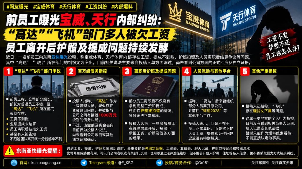 东南亚资讯｜宝威体育与天行体育前员工爆料：曝多部门存在欠薪及护照争议