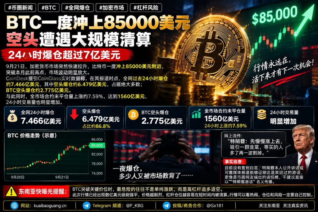 加密市场｜比特币突破85000美元，全网24小时爆仓超7亿美元