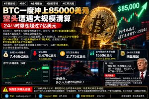 加密市场｜比特币突破85000美元，全网24小时爆仓超7亿美元