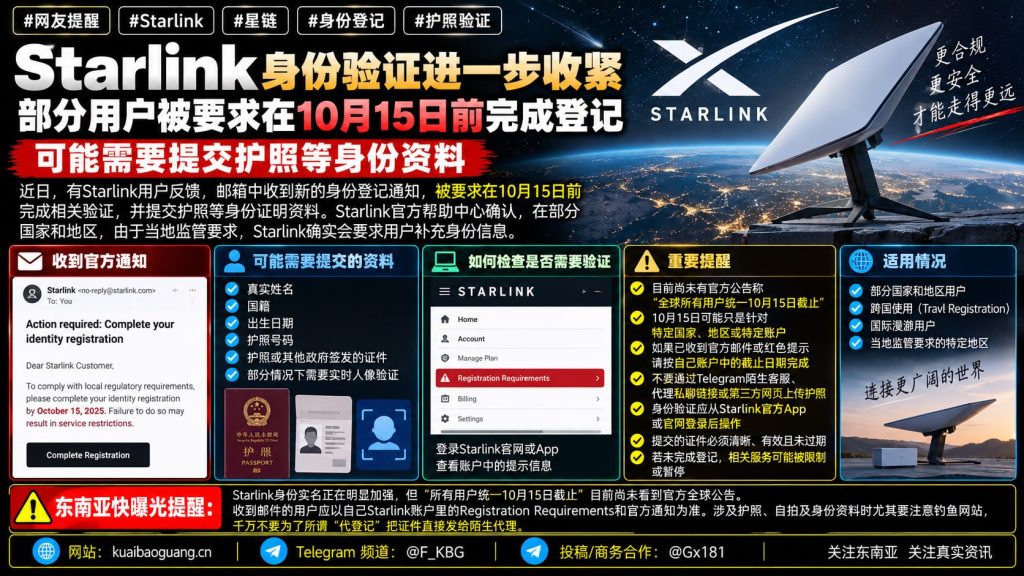 全球｜Starlink身份验证收紧，用户需在10月15日前提交护照