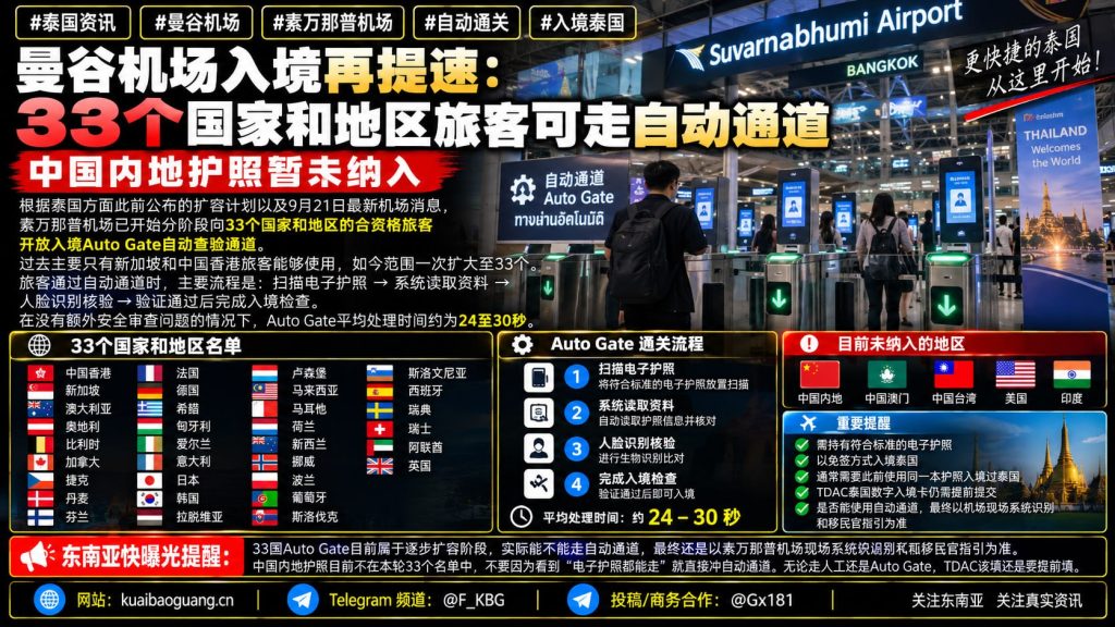 泰国｜素万那普机场扩容自动通关通道，33国旅客可快速入境