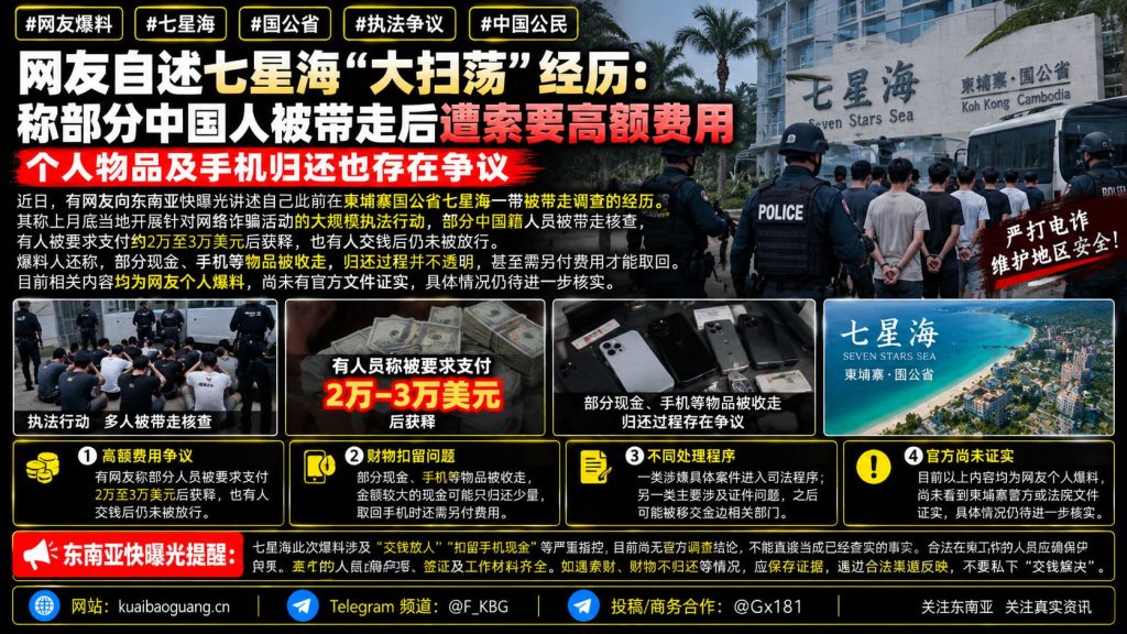 柬埔寨资讯｜网友爆料七星海执法争议，称部分中国公民带走后遭索要费用