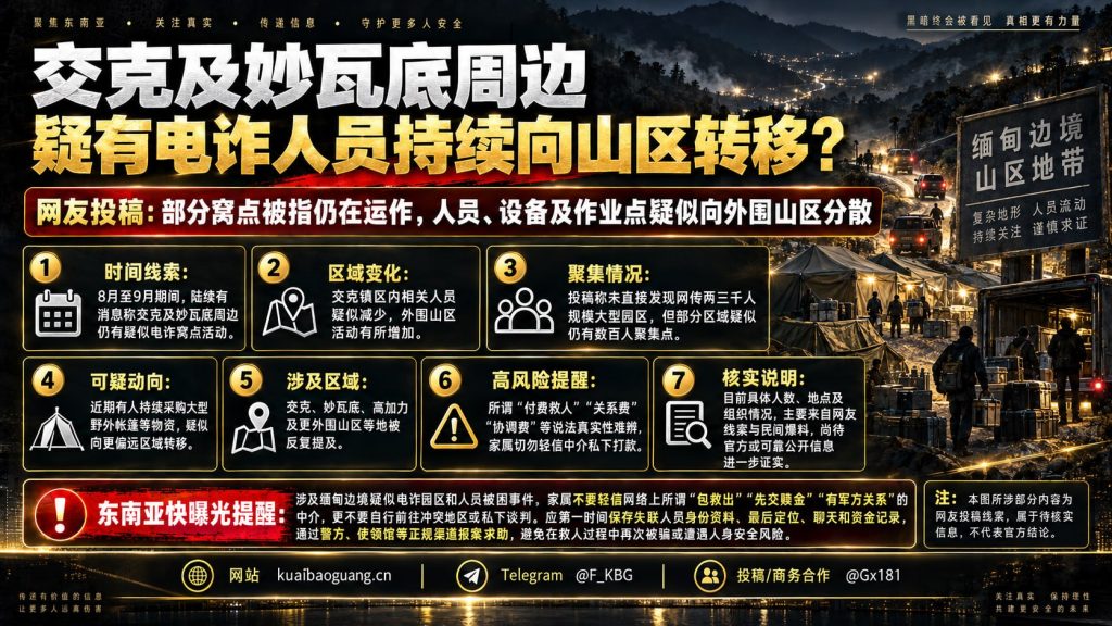 缅甸资讯｜交克及妙瓦底周边电诈人员疑向外围山区转移，采购大型帐篷藏匿