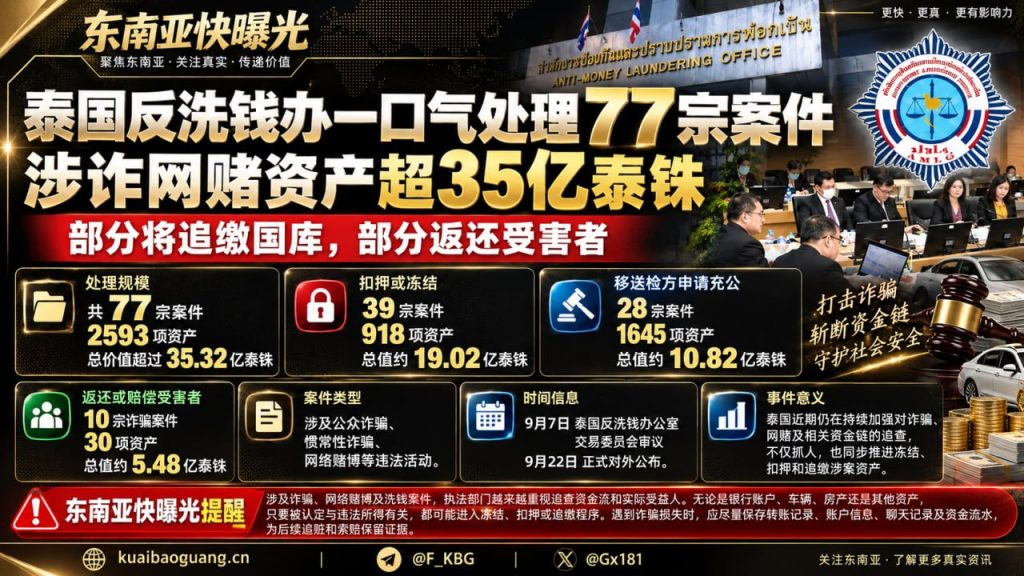 泰国资讯｜泰国反洗钱办处理77宗案件，涉诈网赌资产超35亿泰铢