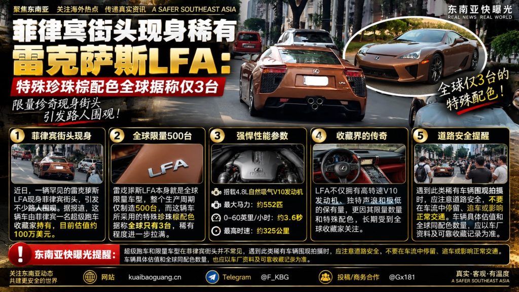 菲律宾资讯｜街头现身罕见雷克萨斯LFA超跑，珍珠棕配色引发路人围观
