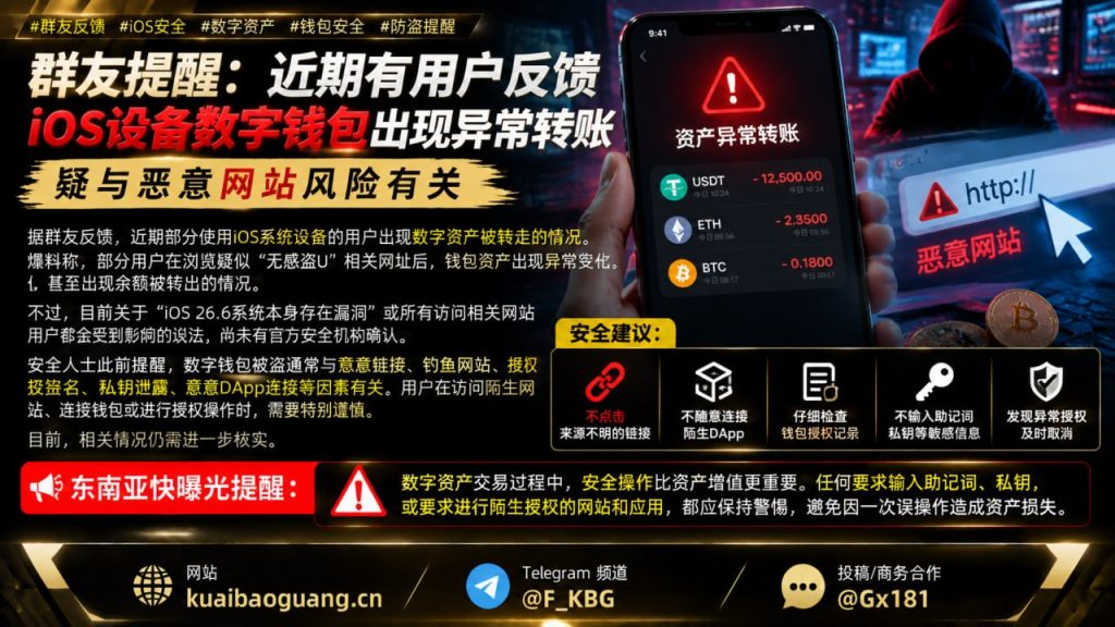 海外资讯｜近期iOS数字钱包出现异常转账，安全提醒防范恶意网站风险