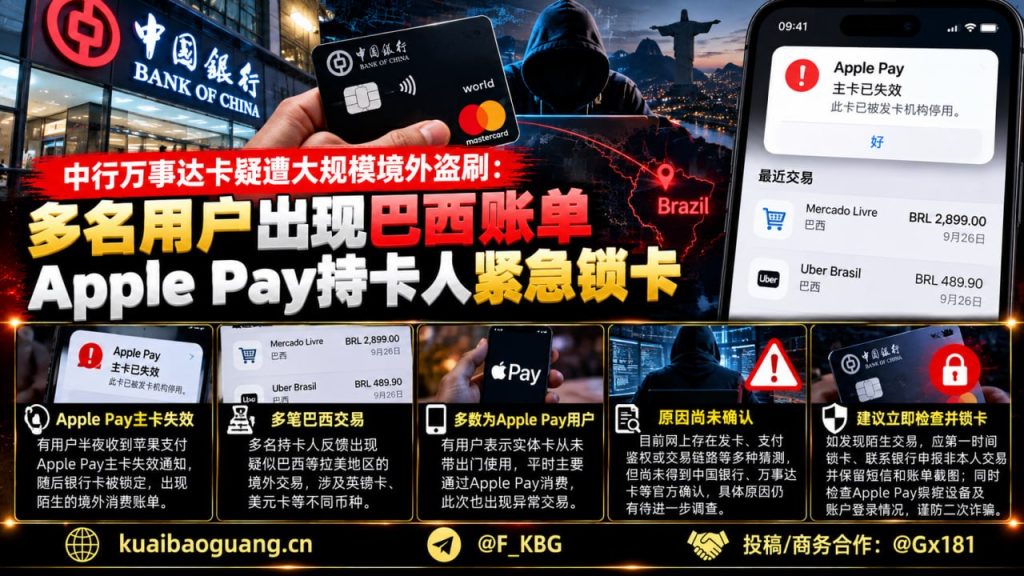 中国资讯｜中国银行万事达卡疑遭境外盗刷，多名用户出现巴西账单