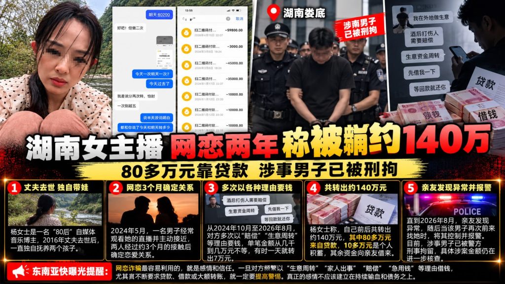 中国湖南｜女主播被网恋诈骗约140万元，涉案男子已被刑拘