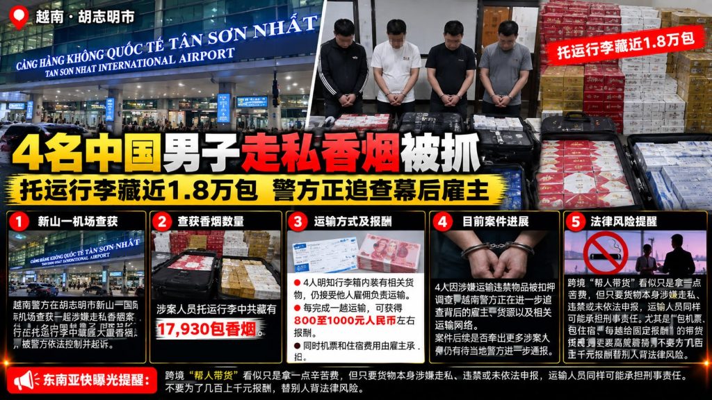 越南｜胡志明市机场查获四名中国男子走私近两万包香烟