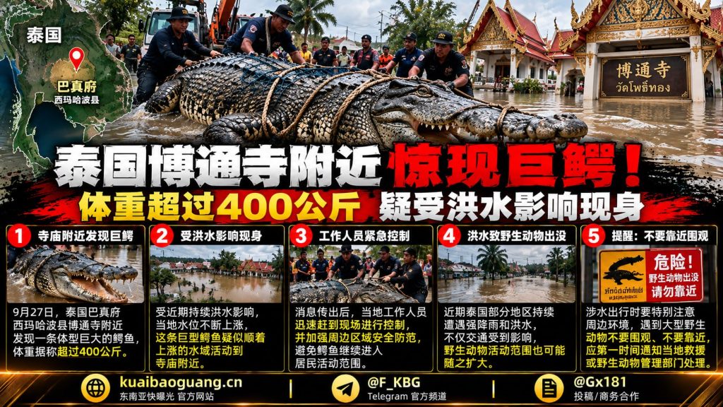 泰国巴真府｜西玛哈波县博通寺附近发现巨型鳄鱼，工作人员迅速到场控制